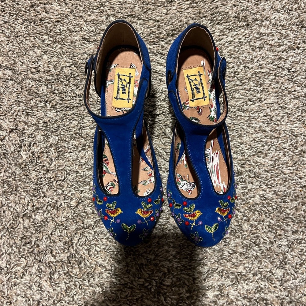 Anthropologie Blue Embroidered Heels